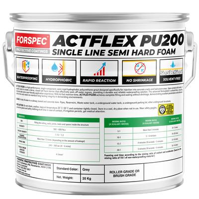 Forspec Actflex PU200 Single Line Semi Hard Foam 20kg hydrophobic polyurethane injection foam for sealing concrete cracks, active water leaks, joints, and voids in waterproofing and structural repair applications