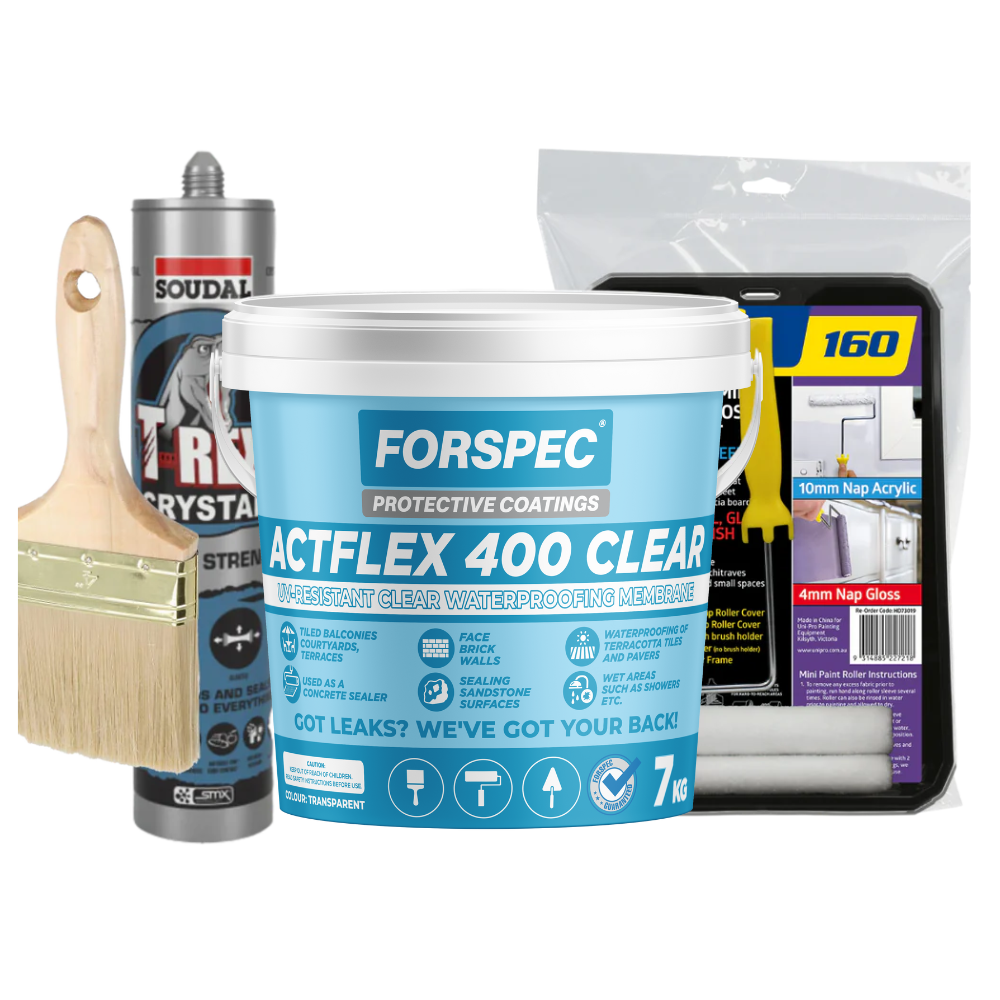 Forspec ACTFLEX 400 Clear waterproofing kit with membrane, sealant, brush and roller