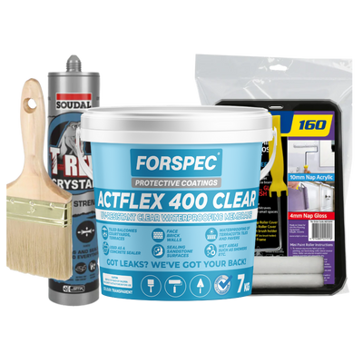 Forspec ACTFLEX 400 Clear waterproofing kit with membrane, sealant, brush and roller