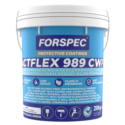 Forspec ACTFLEX 989 CWP 20kg two-component high-performance flexible cementitious waterproofing membrane for internal and external waterproofing applications.