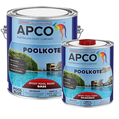 APCO PoolKote 2 Pack Epoxy Pool Paint kit including Part A base and Part B hardener, providing a durable, chemical-resistant finish for concrete swimming pools.