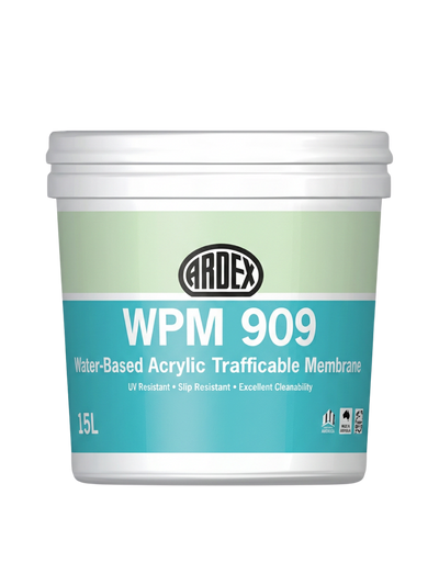ARDEX WPM 909 15L water-based acrylic trafficable waterproofing membrane with UV resistance, slip resistance, and excellent cleanability.
