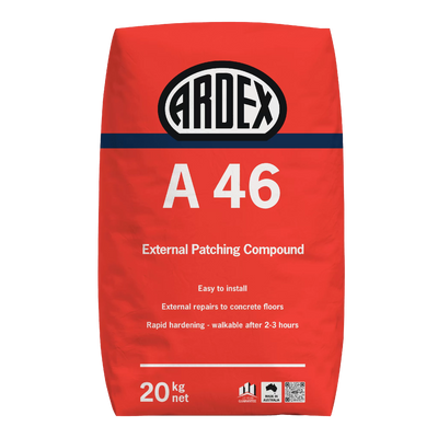Ardex A46 External Patching Compound 20kg for rapid external concrete floor repairs, patching, and levelling with fast hardening performance.