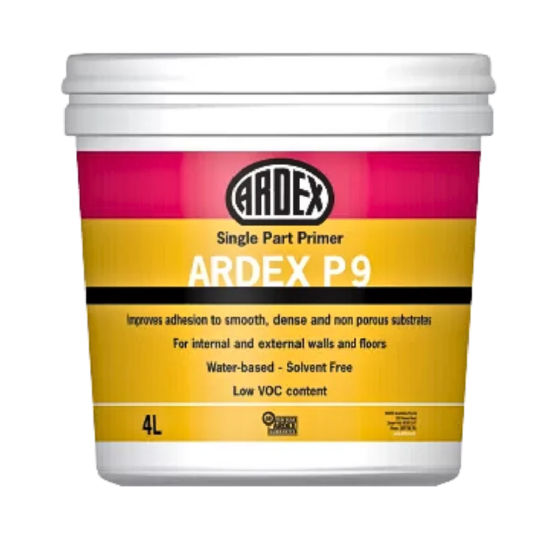 ARDEX P9 water-based primer 4L single-part primer designed to improve adhesion on smooth, dense, and non-porous substrates before applying tile adhesives, levelling compounds, and waterproofing systems for internal and external applications.