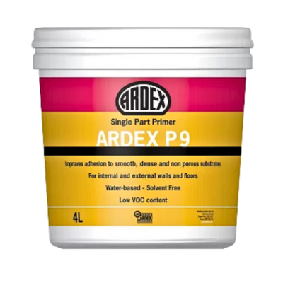 ARDEX P9 water-based primer 4L single-part primer designed to improve adhesion on smooth, dense, and non-porous substrates before applying tile adhesives, levelling compounds, and waterproofing systems for internal and external applications.