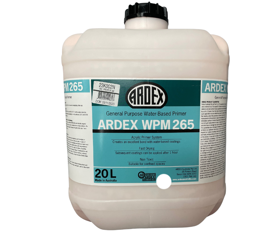 Ardex WPM 265 Water-Based Primer 20L acrylic primer for improving adhesion of waterproofing membranes, coatings, and flooring systems on porous surfaces.