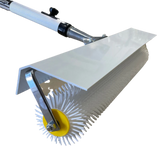 Battery operated spiked roller with 21 mm spikes and 500 mm wide roller for removing trapped air from self-levelling compounds, epoxy flooring, and resin coatings while reducing material splatter during application.