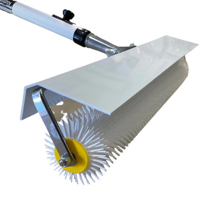 Battery operated spiked roller with 21 mm spikes and 500 mm wide roller for removing trapped air from self-levelling compounds, epoxy flooring, and resin coatings while reducing material splatter during application.