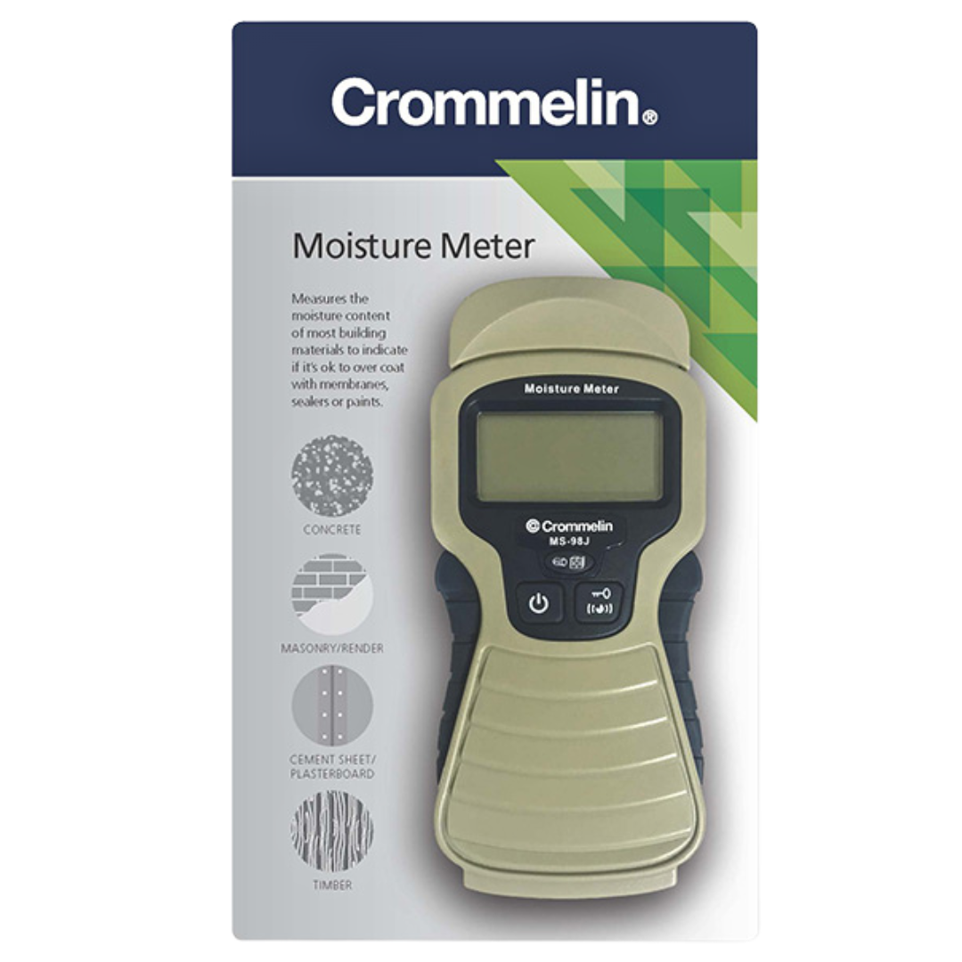 Crommelin moisture meter for non-destructive moisture testing of concrete, masonry, timber, cement sheet, plasterboard, and other building materials before coating or waterproofing.