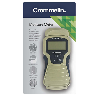 Crommelin moisture meter for non-destructive moisture testing of concrete, masonry, timber, cement sheet, plasterboard, and other building materials before coating or waterproofing.