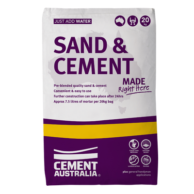 Cement Australia Sand & Cement 20kg pre-blended mortar mix for bricklaying, paving, landscaping, shower bases, toilet pan bedding, and general construction applications.
