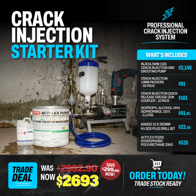 Promotional graphic for the Crack Injection Starter Kit featuring the INJEXA SWM 1300 crack injection pump, polyurethane injection resin, crack packers, grease gun coupler, isopropyl alcohol, drill bit, included accessories, and trade deal pricing.