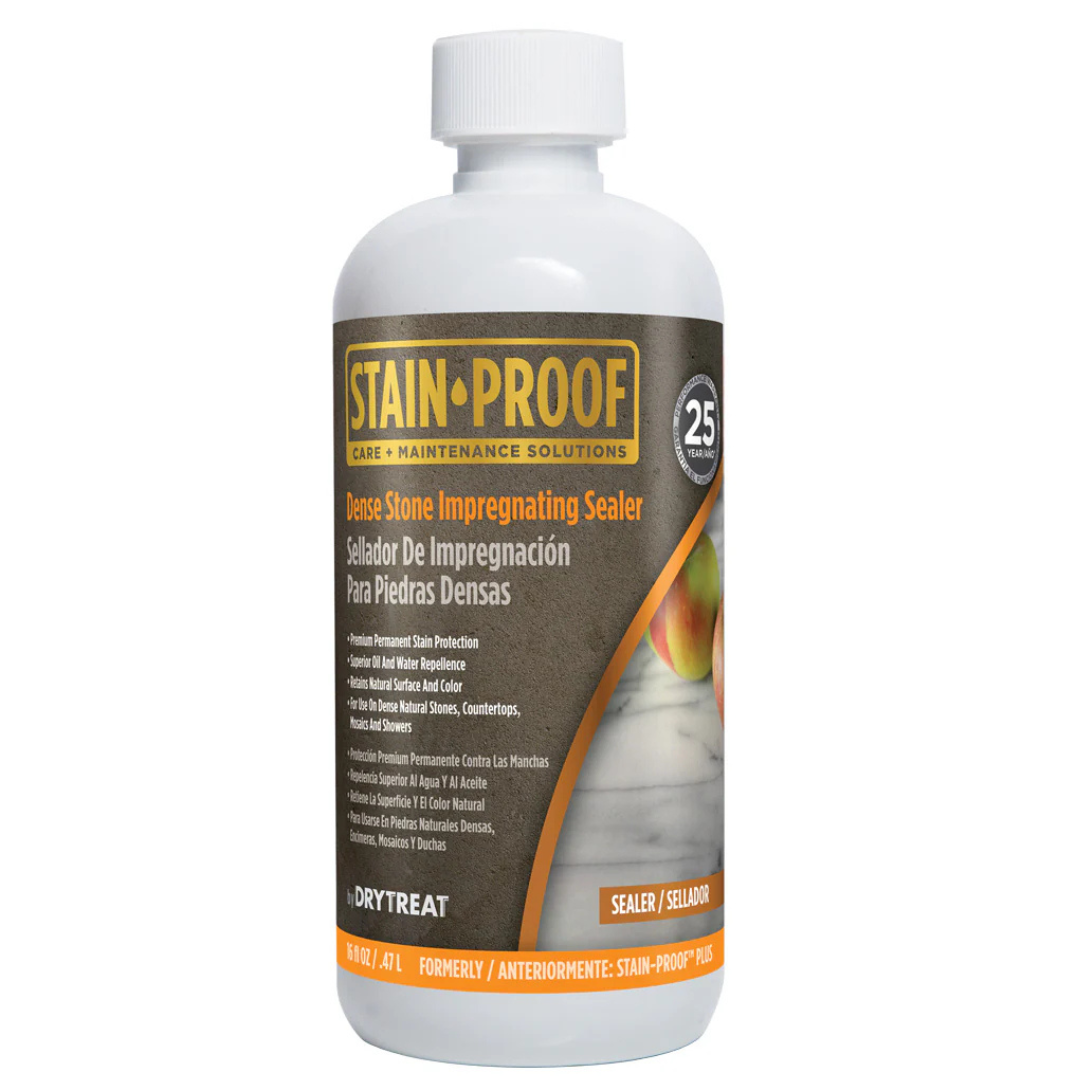 DryTreat Stain-Proof Dense Stone Impregnating Sealer 473mL penetrating sealer for dense natural stone, granite, marble, porcelain, and engineered stone, providing long-lasting stain and water protection while preserving the natural finish