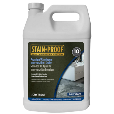 DryTreat Stain-Proof Premium Waterborne Impregnating Sealer 3.79L penetrating water-based sealer for natural stone, concrete, pavers, grout, and masonry, providing long-lasting stain and water protection while preserving the natural appearance