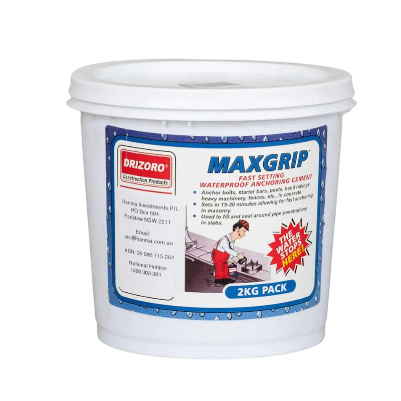 Drizoro MAXGRIP Fast Setting Waterproof Anchoring Cement 2kg for anchoring bolts, posts, railings, machinery, and sealing pipe penetrations in concrete.