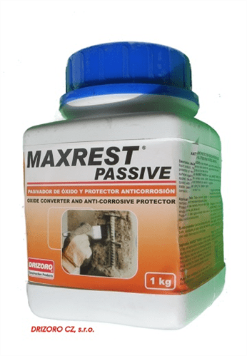 Drizoro MAXREST PASSIVE 1kg oxide converter and anti-corrosive protector for treating rusted steel reinforcement before concrete repair and corrosion protection applications.