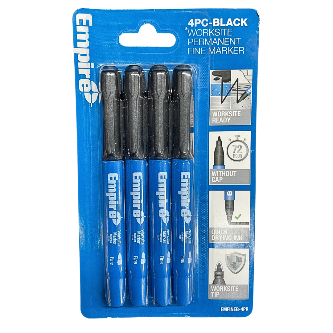 Empire 4-piece black worksite permanent fine marker set with quick-drying ink for marking concrete, timber, metal, plastic, and other jobsite materials.