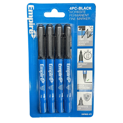 Empire 4-piece black worksite permanent fine marker set with quick-drying ink for marking concrete, timber, metal, plastic, and other jobsite materials.