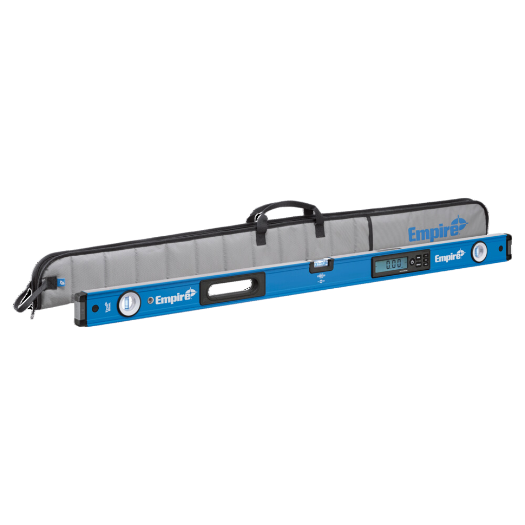Empire True Blue Digital Level 1200mm with LCD display and protective carry case for precise levelling, plumbing, angle measurement, and alignment in construction, carpentry, and installation applications