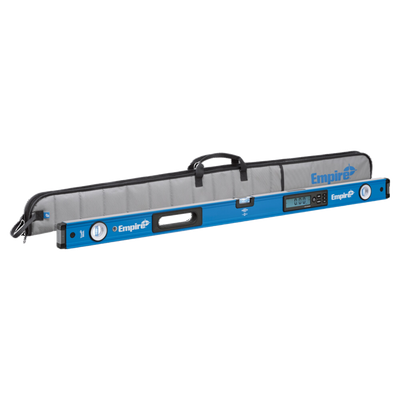 Empire True Blue Digital Level 1200mm with LCD display and protective carry case for precise levelling, plumbing, angle measurement, and alignment in construction, carpentry, and installation applications