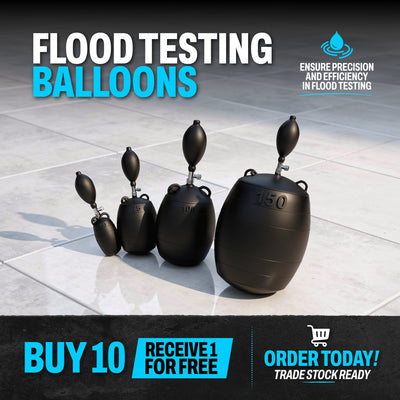 Flood Testing Balloons promotional offer – Buy 10, Get 1 Free. High-quality inflatable test balloons for drain and pipe flood testing, available in multiple sizes for waterproofing, plumbing, and construction applications.