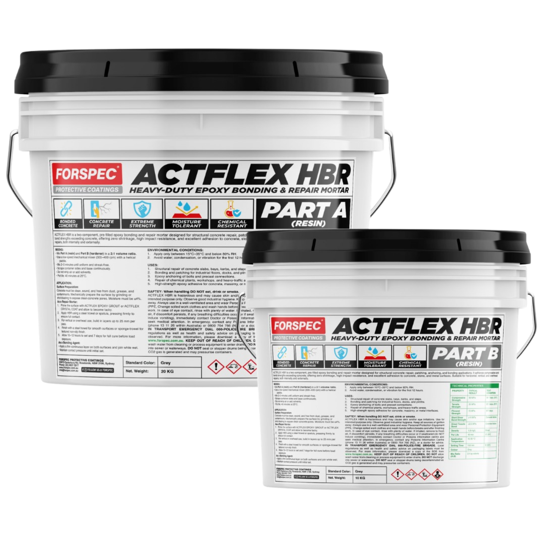 FORSPEC ACTFLEX HBR heavy-duty epoxy bonding and repair mortar with Part A resin and Part B hardener.