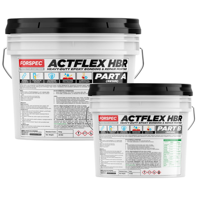 FORSPEC ACTFLEX HBR heavy-duty epoxy bonding and repair mortar with Part A resin and Part B hardener.