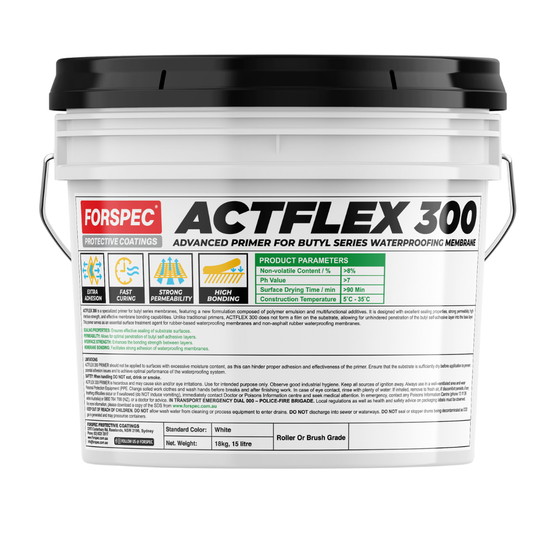 Forspec ACTFLEX 300 Advanced Primer 15L for improving adhesion of waterproofing membranes to concrete, masonry, fibre cement, and other porous substrates.