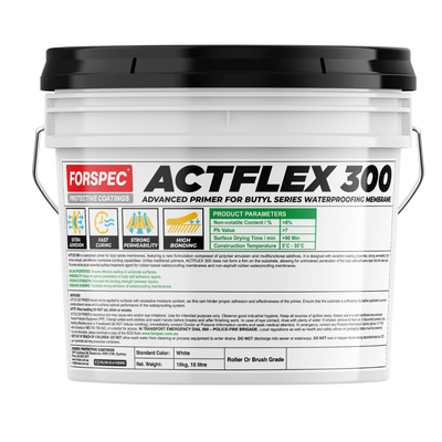 Forspec ACTFLEX 300 Advanced Primer 15L for improving adhesion of waterproofing membranes to concrete, masonry, fibre cement, and other porous substrates.