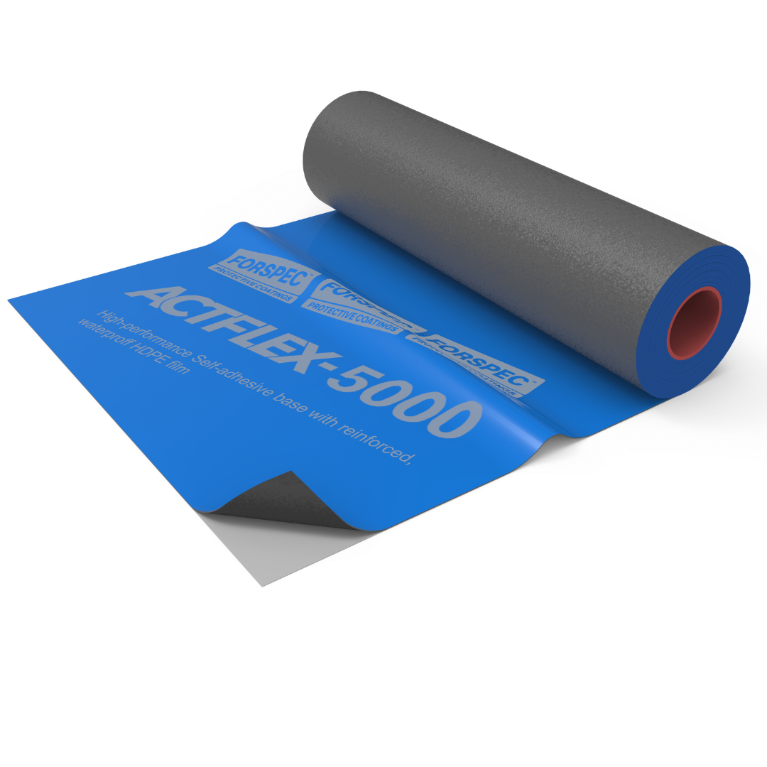 Forspec ACTFLEX 5000 self-adhesive waterproofing membrane roll measuring 20m x 1m, reinforced for below-ground waterproofing, retaining walls, basements, podium decks, and concrete structures.