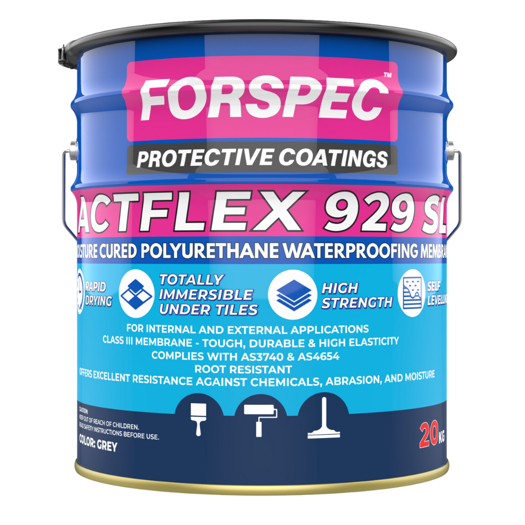 Forspec Actflex 929SL Moisture Cured Polyurethane Waterproofing Membrane 20kg for internal and external waterproofing applications, providing a seamless, high-strength, Class III waterproof membrane for balconies, bathrooms, rooftops, and wet areas