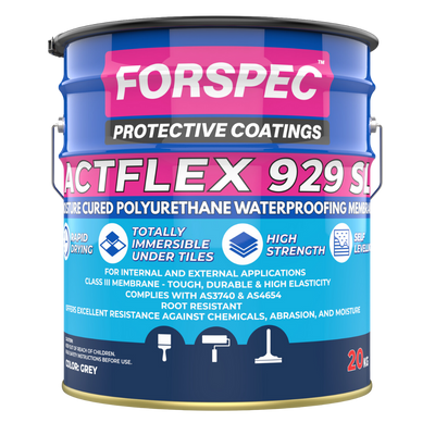 Forspec Actflex 929SL Moisture Cured Polyurethane Waterproofing Membrane 20kg for internal and external waterproofing applications, providing a seamless, high-strength, Class III waterproof membrane for balconies, bathrooms, rooftops, and wet areas