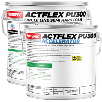 Forspec ACTFLEX PU300 22kg kit comprising PU300 single-line semi-hard polyurethane foam and PU300 Accelerator for fast-reacting crack injection and leak sealing applications.