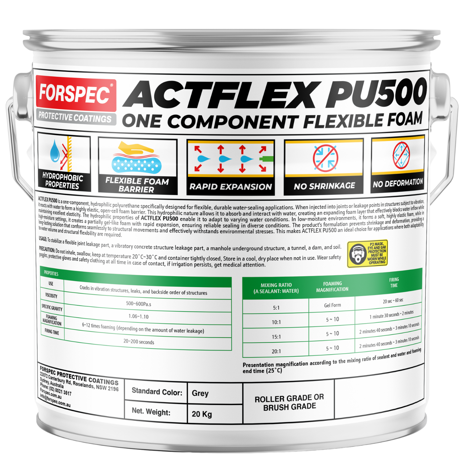Forspec Actflex PU500 One Component Flexible Foam 20kg hydrophobic polyurethane injection foam for sealing active water leaks, cracks, joints, and voids in concrete and underground structures