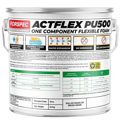 Forspec Actflex PU500 One Component Flexible Foam 20kg hydrophobic polyurethane injection foam for sealing active water leaks, cracks, joints, and voids in concrete and underground structures