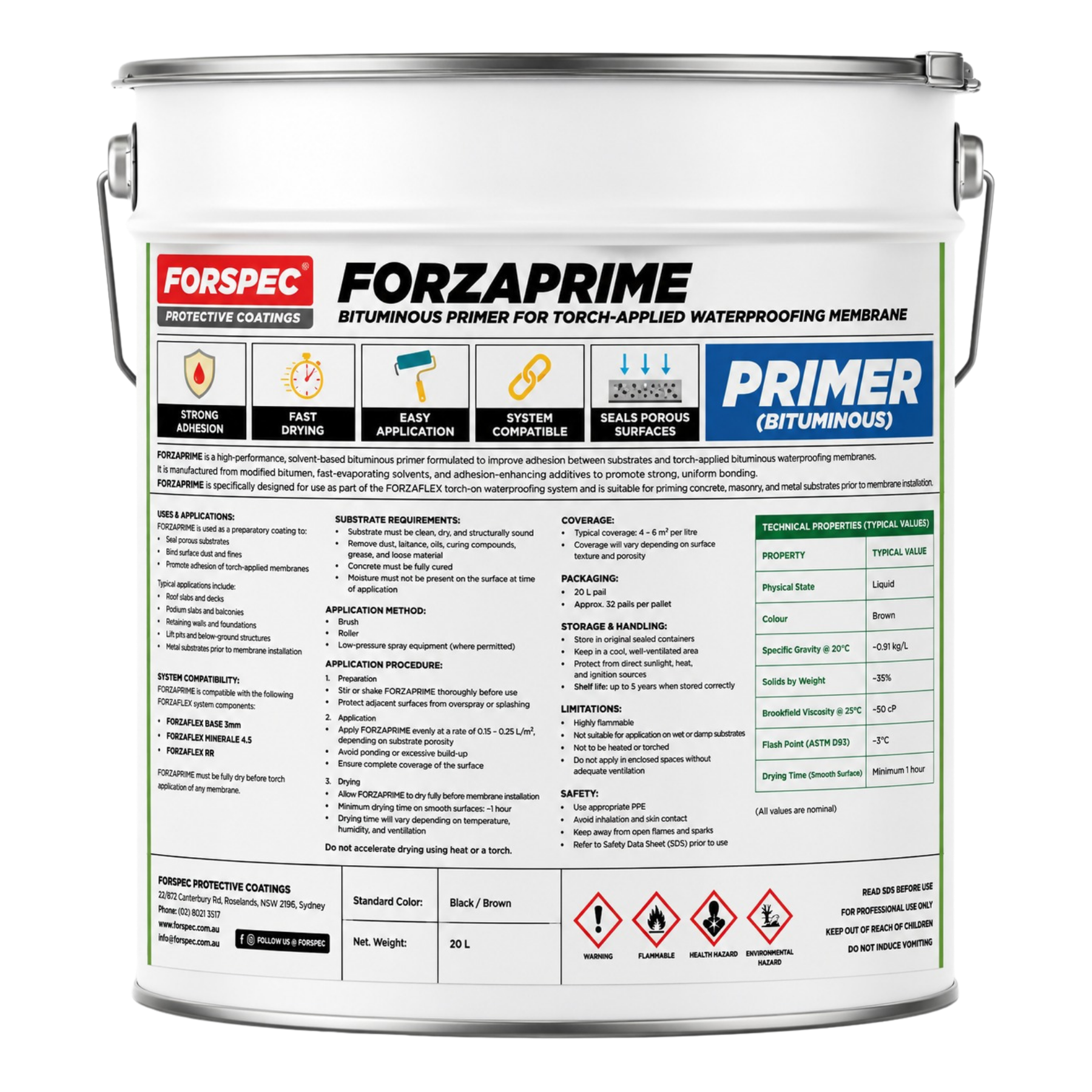 FORSPEC FORZAPRIME Bituminous Primer 20L solvent-based primer for torch-applied bituminous waterproofing membranes, suitable for concrete, masonry, and metal surfaces.