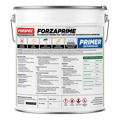 FORSPEC FORZAPRIME Bituminous Primer 20L solvent-based primer for torch-applied bituminous waterproofing membranes, suitable for concrete, masonry, and metal surfaces.