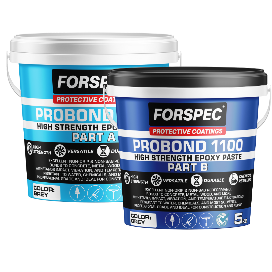 Forspec PROBOND 1100 High Strength Epoxy Paste 10kg kit comprising Part A and Part B for high-strength structural bonding, concrete repair, anchoring, and crack filling applications.