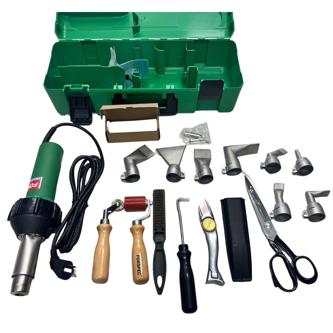 FORSPEC professional plastic welding gun kit with hot air welder, interchangeable welding nozzles, carry case, roller, trimming tools, wire brush, scissors and accessories for repairing plastic tanks, pipes, membranes and other thermoplastic materials.