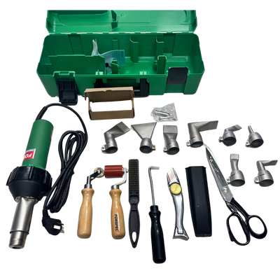 FORSPEC professional plastic welding gun kit with hot air welder, interchangeable welding nozzles, carry case, roller, trimming tools, wire brush, scissors and accessories for repairing plastic tanks, pipes, membranes and other thermoplastic materials.