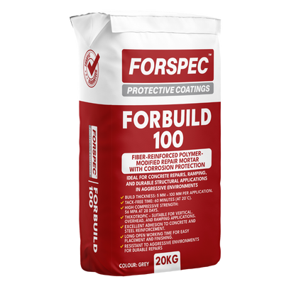 Forspec FORBUILD 100 High-Performance Repair Mortar 20kg, a fibre-reinforced polymer-modified repair mortar with corrosion protection for concrete repairs, structural patching, ramping and vertical or overhead applications.