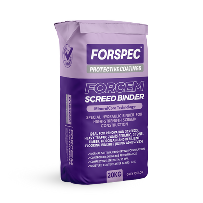Forspec Forcem Screed Binder 20kg hydraulic engineered cement binder for high-strength screed construction, suitable for renovation screeds, ceramic, stone, timber, porcelain and resilient flooring applications.