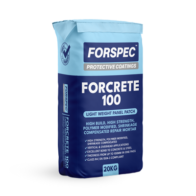 Forspec Forcrete 100 Light Weight Panel Patch 20kg high-build polymer modified repair mortar for vertical and overhead concrete repairs, offering high strength, shrinkage compensation and excellent adhesion to concrete and steel.