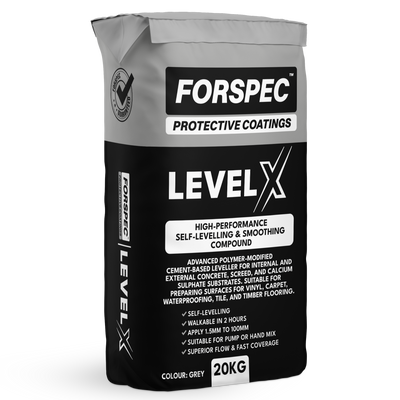 Forspec Level X High-Performance Self-Levelling & Smoothing Compound 20kg for levelling concrete, screeds and calcium sulphate substrates before installing vinyl, carpet, tiles, waterproofing and timber flooring.