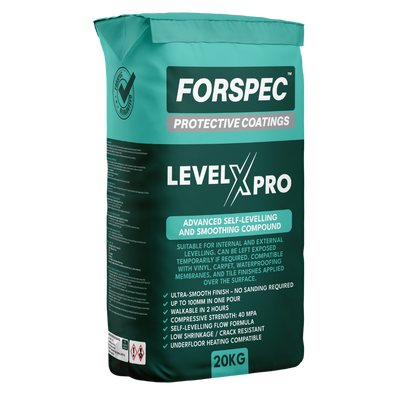 Forspec Level X Pro Advanced Self-Levelling & Smoothing Compound 20kg for internal and external floor levelling, suitable for concrete substrates before installing vinyl, carpet, tiles, waterproofing membranes and timber flooring.
