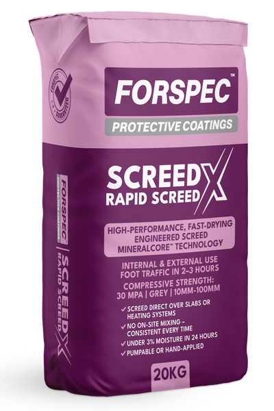 Forspec Screed X Engineered Screed 20kg high-performance rapid drying cement screed for internal and external applications, suitable for 10mm to 100mm thickness, pumpable or hand applied.