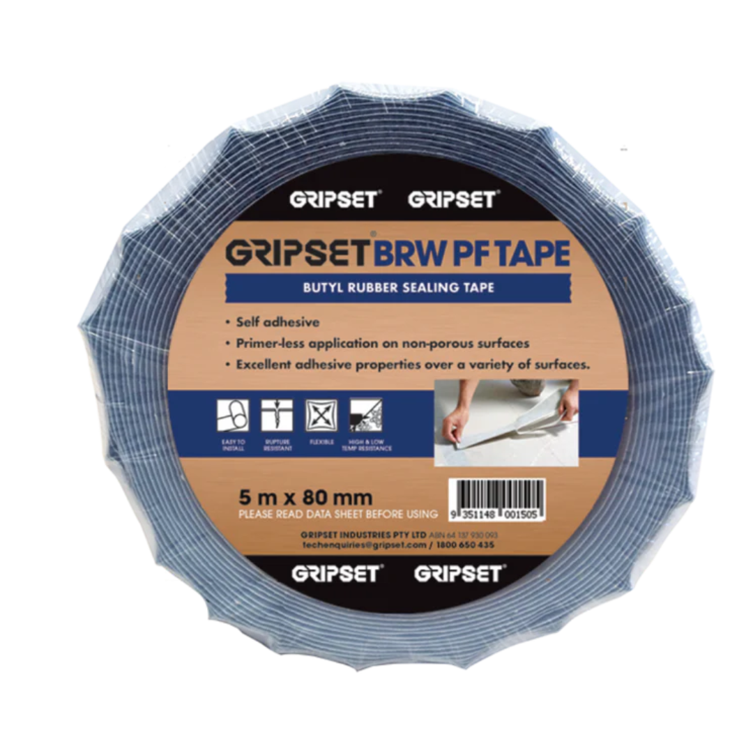 GRIPSET BRWPF self-adhesive butyl rubber sealing tape measuring 5m x 80mm, designed to provide a flexible waterproof seal around joints, penetrations, flashings, and detailing on non-porous surfaces before waterproofing applications.