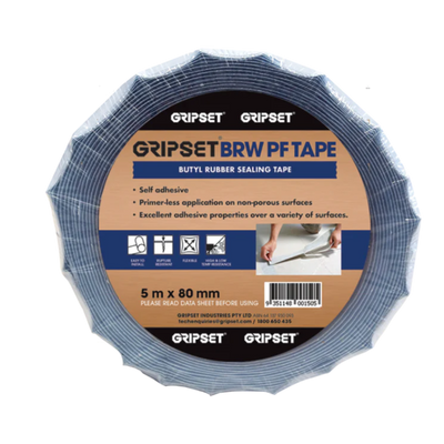 GRIPSET BRWPF self-adhesive butyl rubber sealing tape measuring 5m x 80mm, designed to provide a flexible waterproof seal around joints, penetrations, flashings, and detailing on non-porous surfaces before waterproofing applications.
