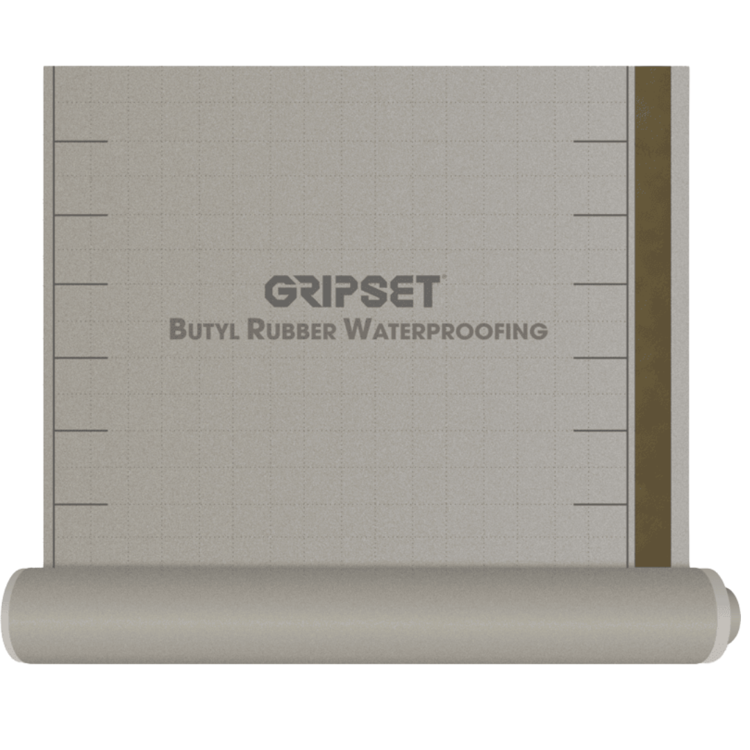 Gripset BRW PFN Butyl Rubber Waterproofing Membrane 1mm x 1m x 10m Roll for waterproofing balconies, bathrooms, rooftops, wet areas, and below-ground applications, providing a durable self-adhesive waterproof barrier