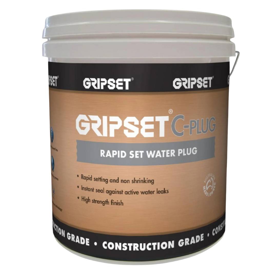 Gripset C-PLUG rapid set water plug cement-based compound for instantly stopping active water leaks in concrete, masonry, tunnels, basements, retaining walls, and other waterproofing applications.